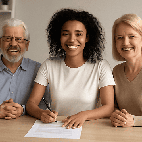 black woman, white woman, white man, sitting at desk. Paper on the desk in front of black woman with pen in her hand